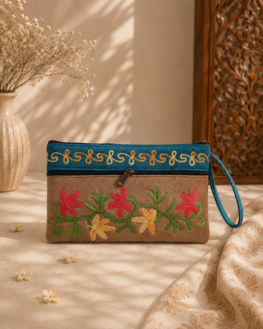 Elegant Velvet Kashmiri Embroidered Utility Pouch / Wristlet | Biscuit Brown & Deep Teal