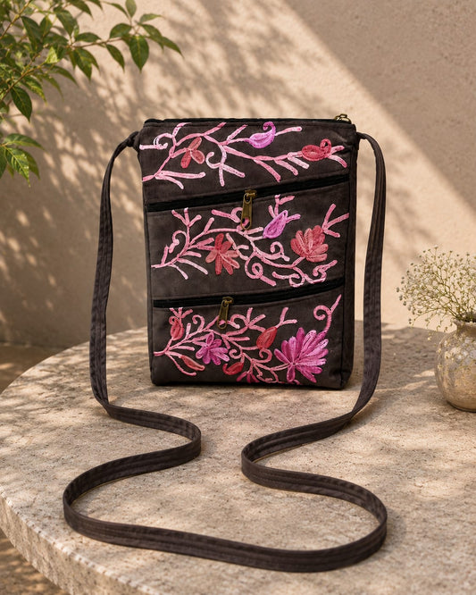 Four Zipper Kashmiri Embroidered Velvet Pouch | Deep Expresso
