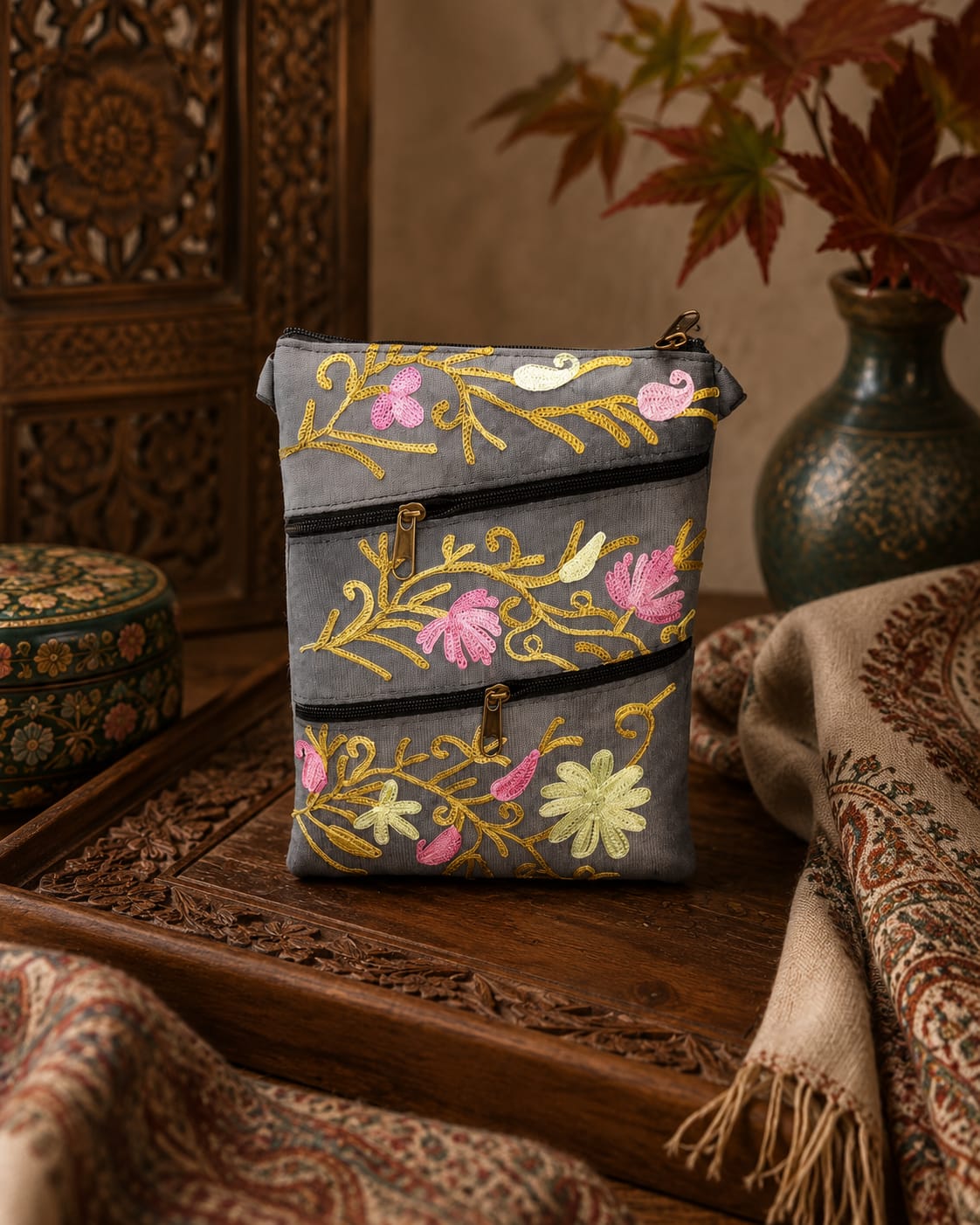 Four Zipper Kashmiri Embroidered Velvet Pouch | Steel Grey