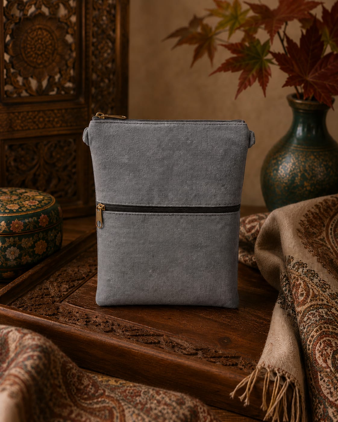 Four Zipper Kashmiri Embroidered Velvet Pouch | Steel Grey