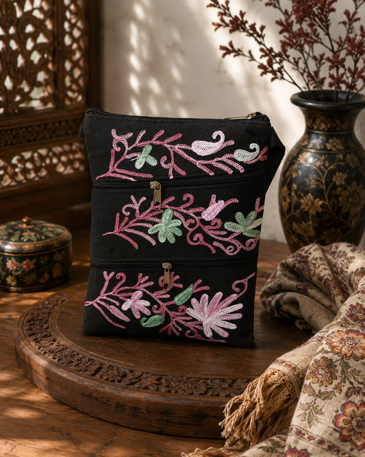 Four Zipper Kashmiri Embroidered Velvet Pouch | Black