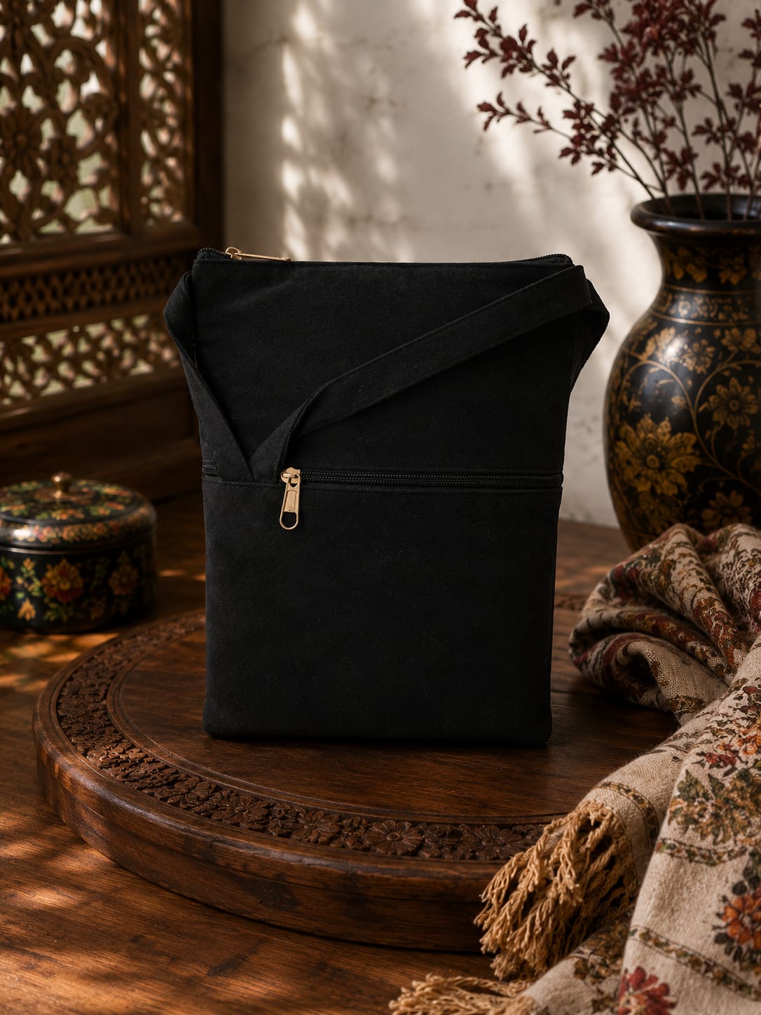 Four Zipper Kashmiri Embroidered Velvet Pouch | Black