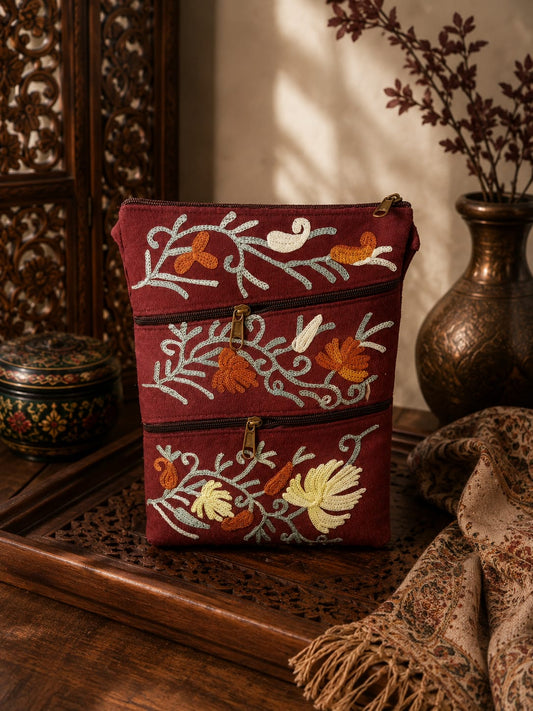 Four Zipper Kashmiri Embroidered Velvet Pouch | Maroon