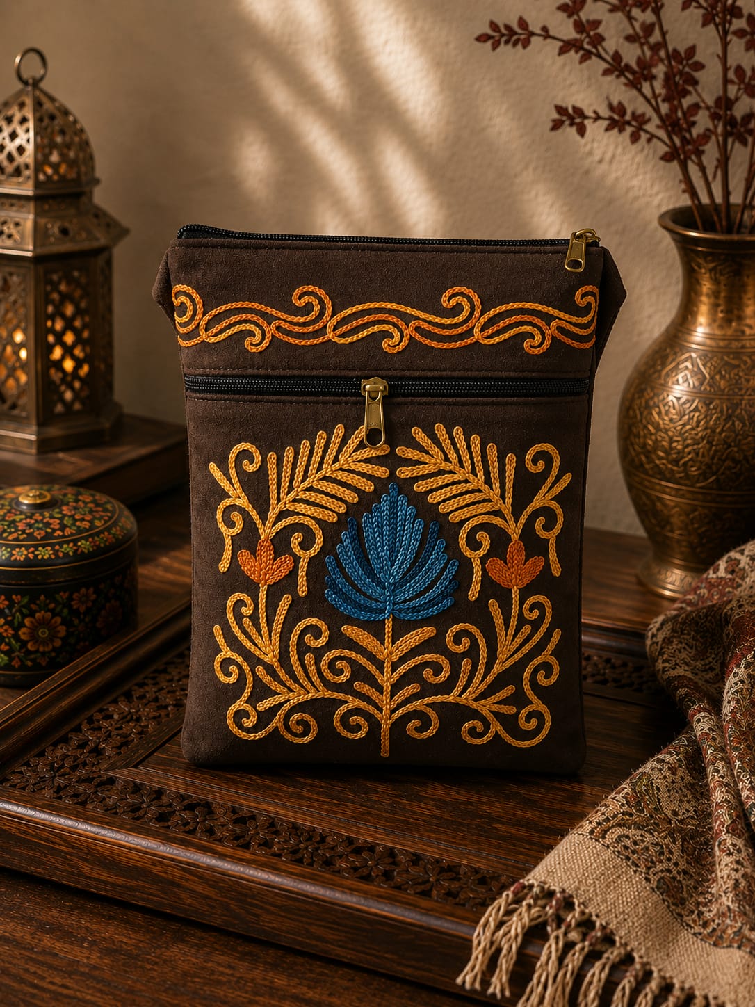 Dark Chocolate Kashmiri Aari Embroidered Utility Sling Pouch