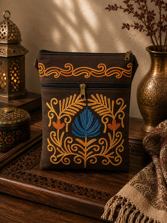 Dark Chocolate Kashmiri Aari Embroidered Utility Sling Pouch