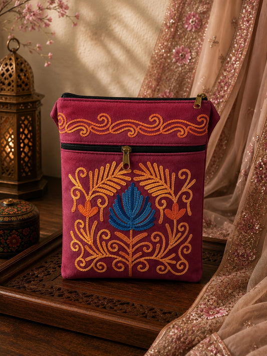 Raspberry Pink Kashmiri Aari Embroidered Utility Sling Pouch