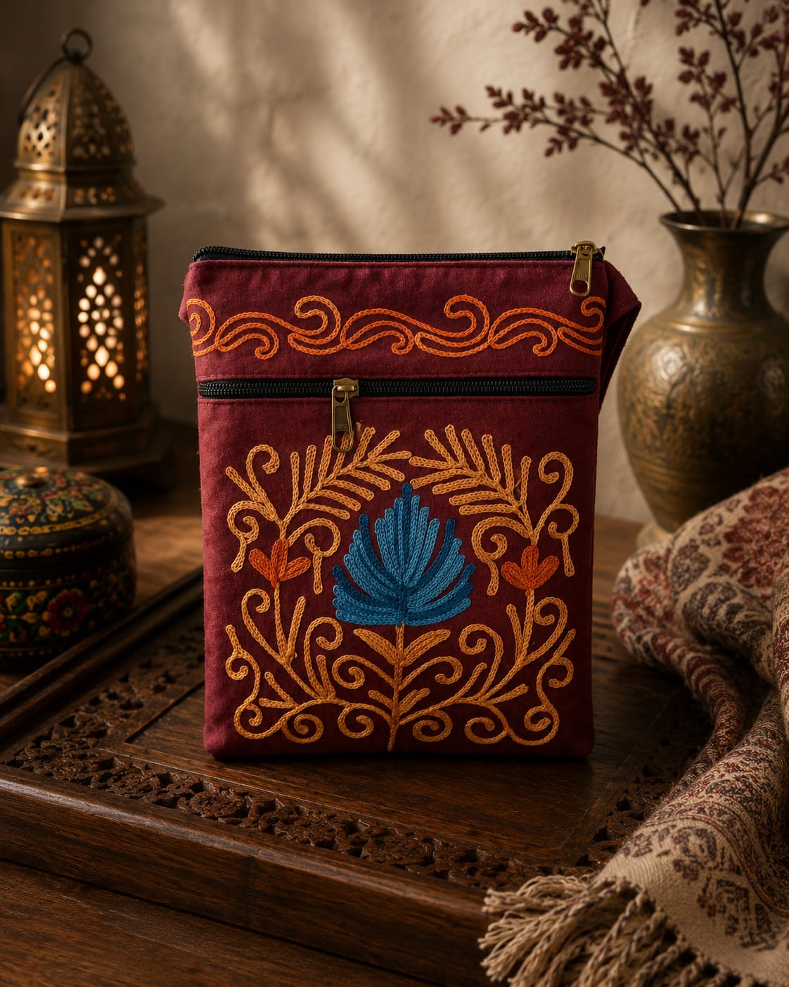 Maroon Kashmiri Aari Embroidered Utility Sling Pouch