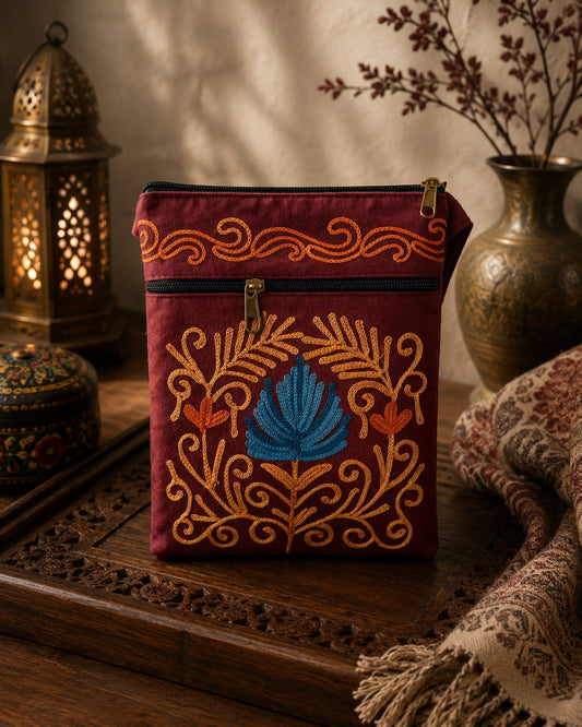 Maroon Kashmiri Aari Embroidered Utility Sling Pouch