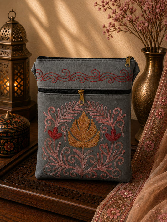 Steel Grey Kashmiri Aari Embroidered Utility Sling Pouch