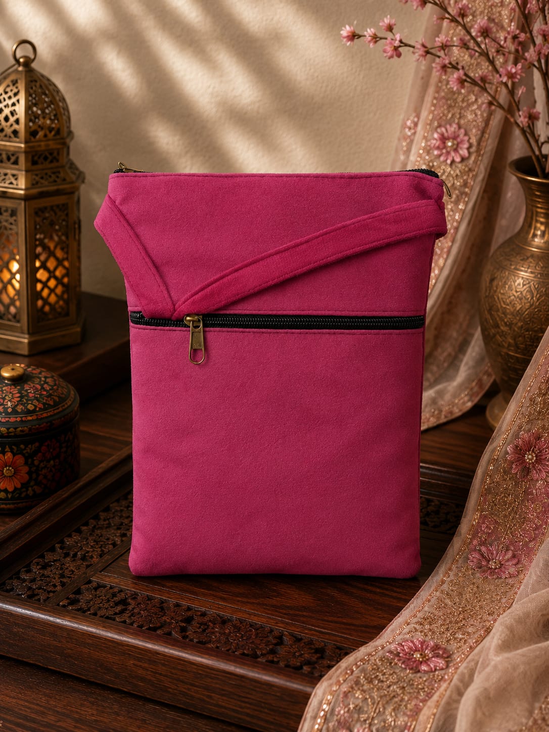Raspberry Pink Kashmiri Aari Embroidered Utility Sling Pouch