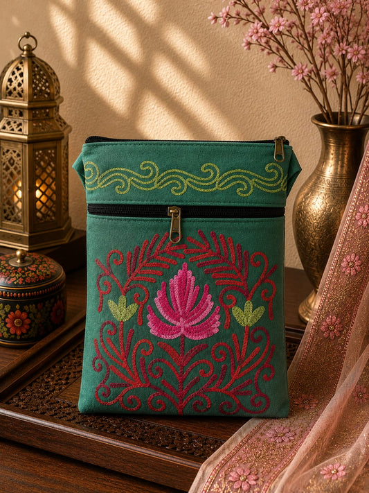 Emerald Green Kashmiri Aari Embroidered Utility Sling Pouch