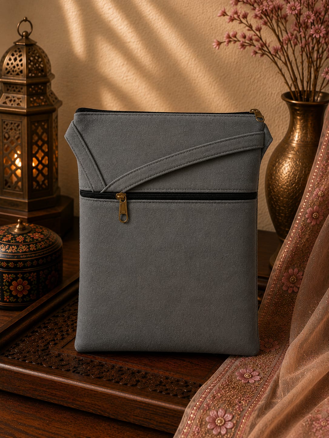 Steel Grey Kashmiri Aari Embroidered Utility Sling Pouch
