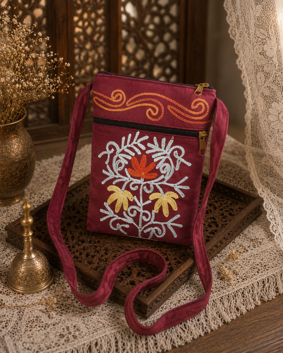 Craftique Kashmiri Embroidered Sling Bag | Red Wine