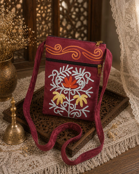 Craftique Kashmiri Embroidered Sling Bag | Red Wine