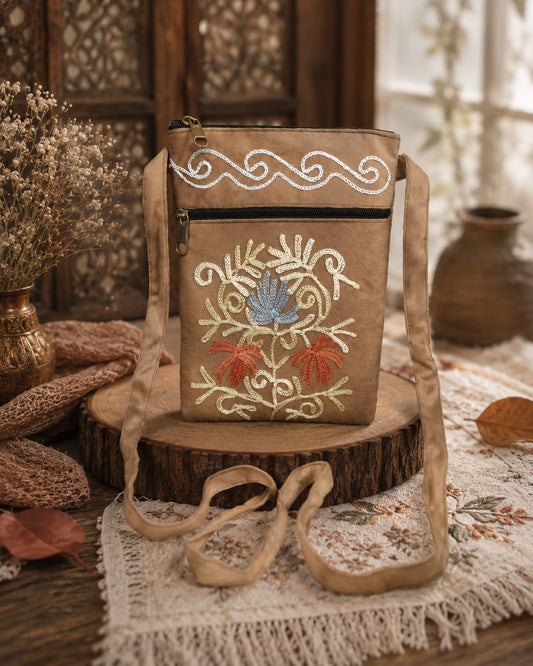 Craftique Kashmiri Embroidered Sling Bag | Camel shade