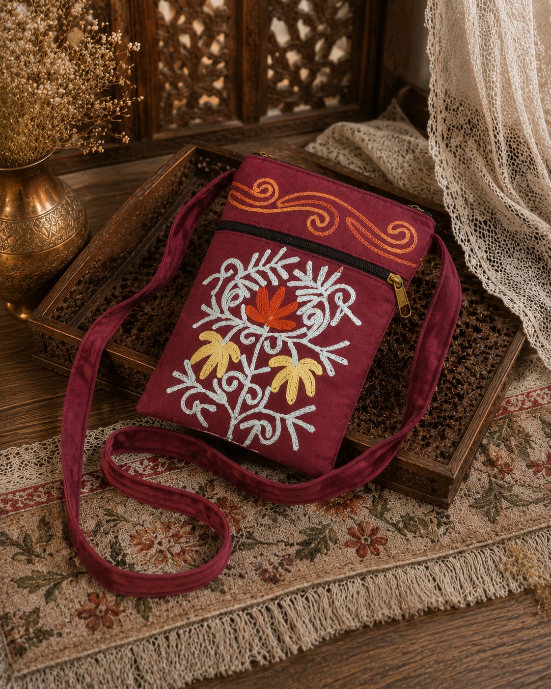 Craftique Kashmiri Embroidered Sling Bag | Red Wine