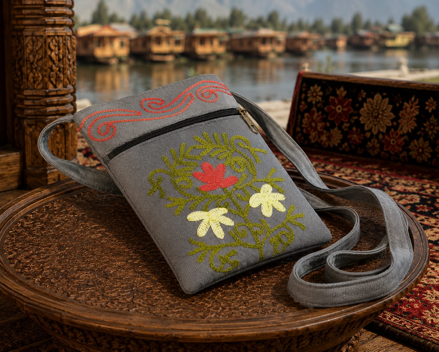 Craftique Kashmiri Embroidered Sling Bag |  Charcol Grey