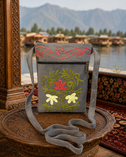 Craftique Kashmiri Embroidered Sling Bag |  Charcol Grey