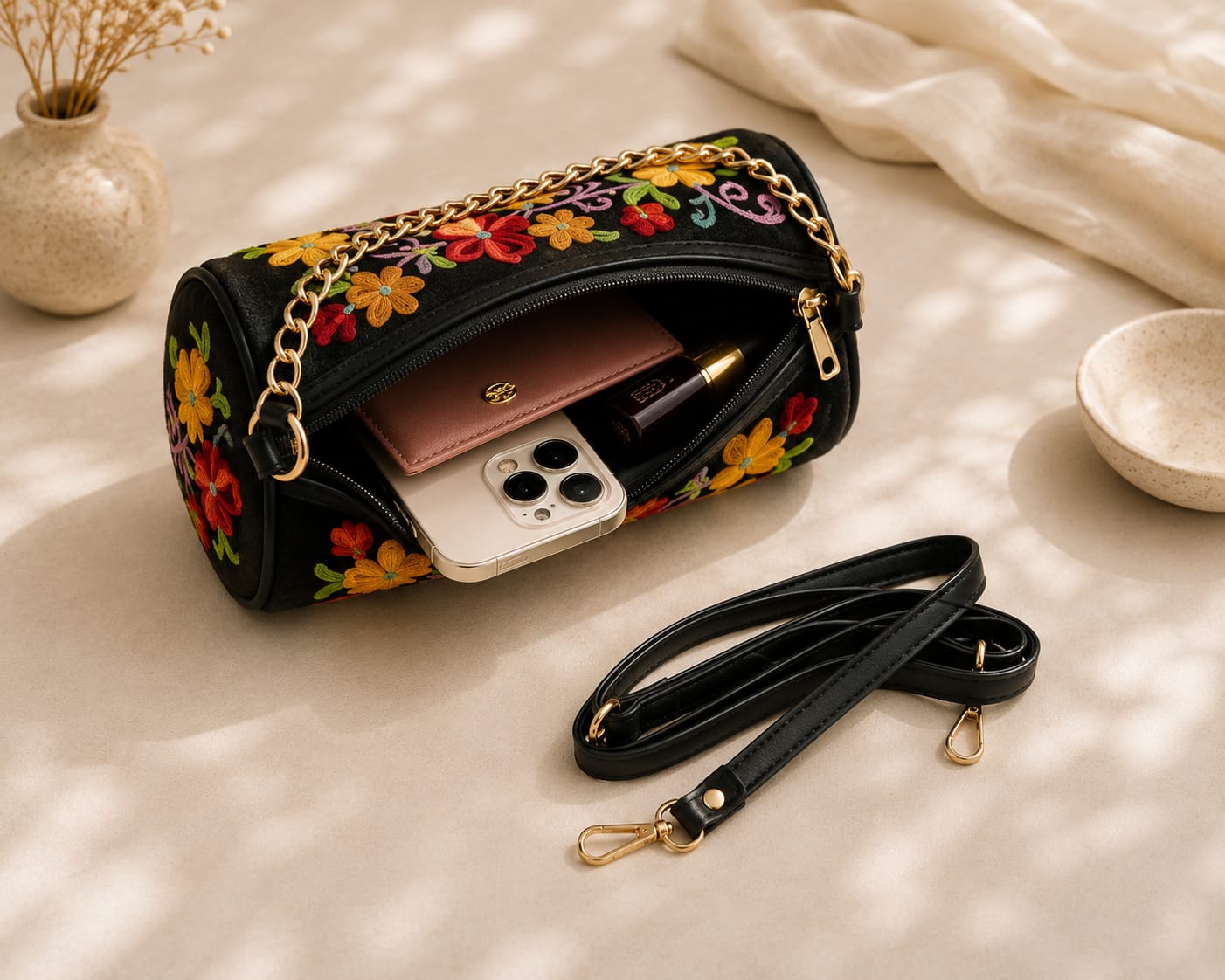 Zaria Dholki Bag | Kashmiri Aari Embroidered Occasion Bag | Midnight Black