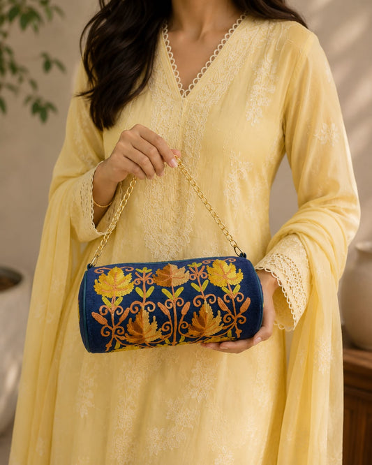Zaria Dholki Bag | Kashmiri Aari Embroidered Occasion Bag | MIdnight Navy Blue