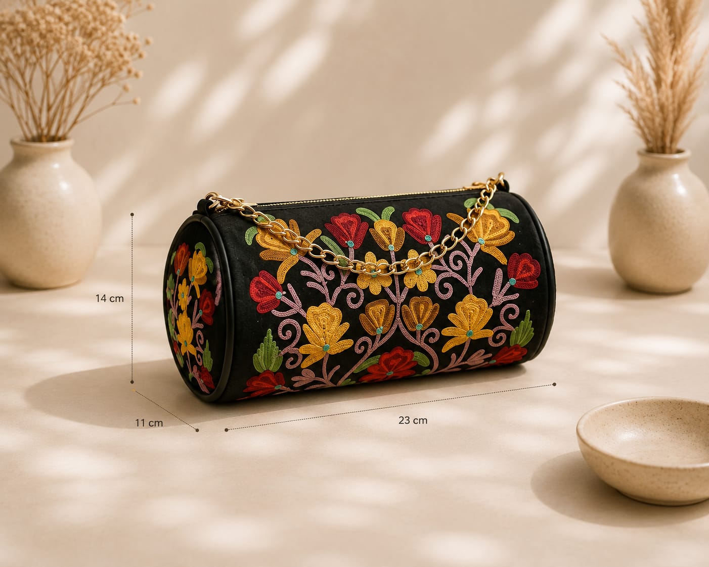 Zaria Dholki Bag | Kashmiri Aari Embroidered Occasion Bag | Midnight Black