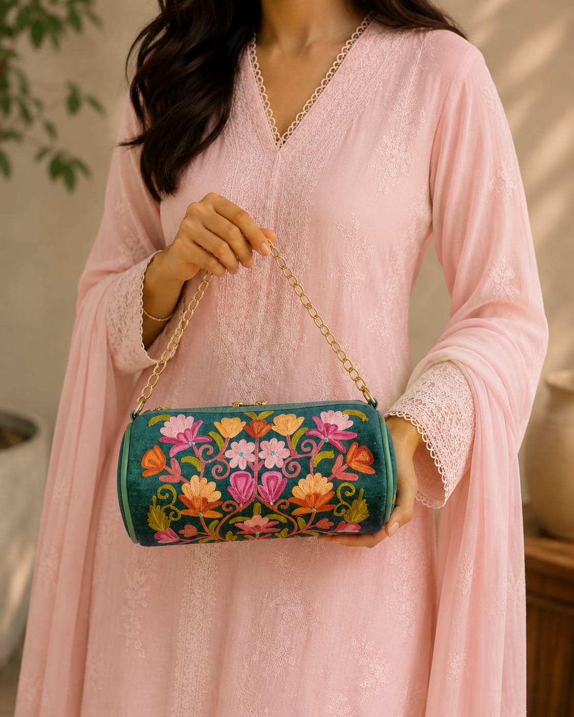 Zaria Dholki Bag | Kashmiri Aari Embroidered Occasion Bag | Pine Green
