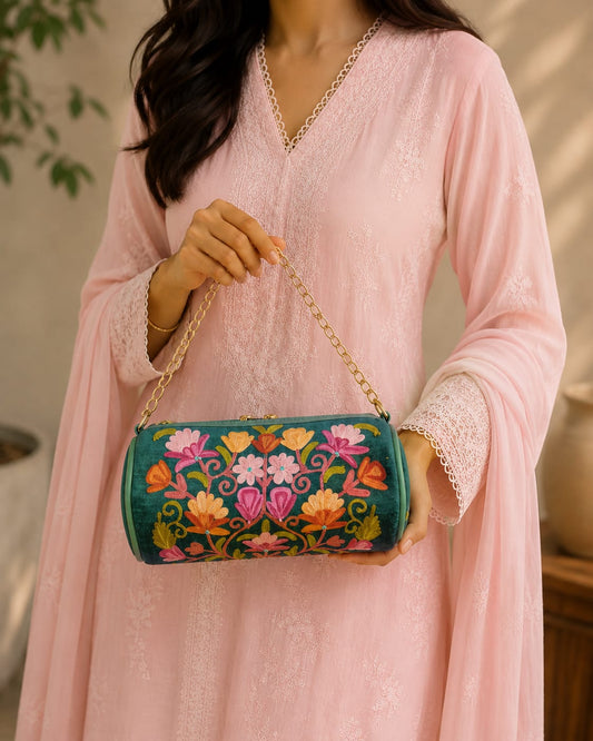 Zaria Dholki Bag | Kashmiri Aari Embroidered Occasion Bag | Pine Green