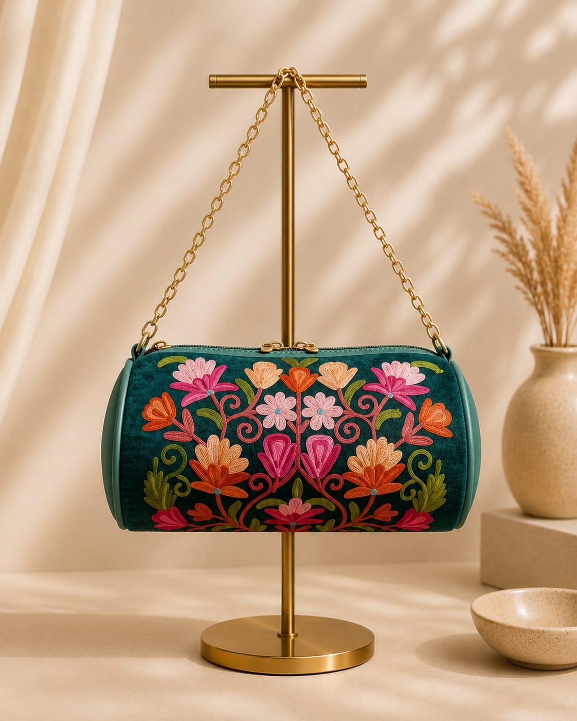 Zaria Dholki Bag | Kashmiri Aari Embroidered Occasion Bag | Pine Green