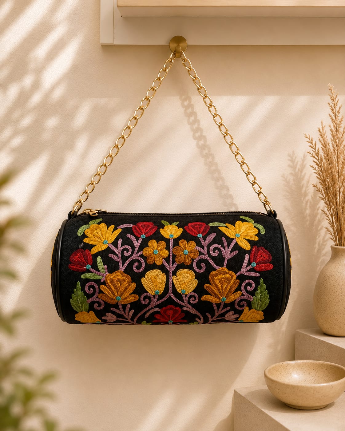 Zaria Dholki Bag | Kashmiri Aari Embroidered Occasion Bag | Midnight Black