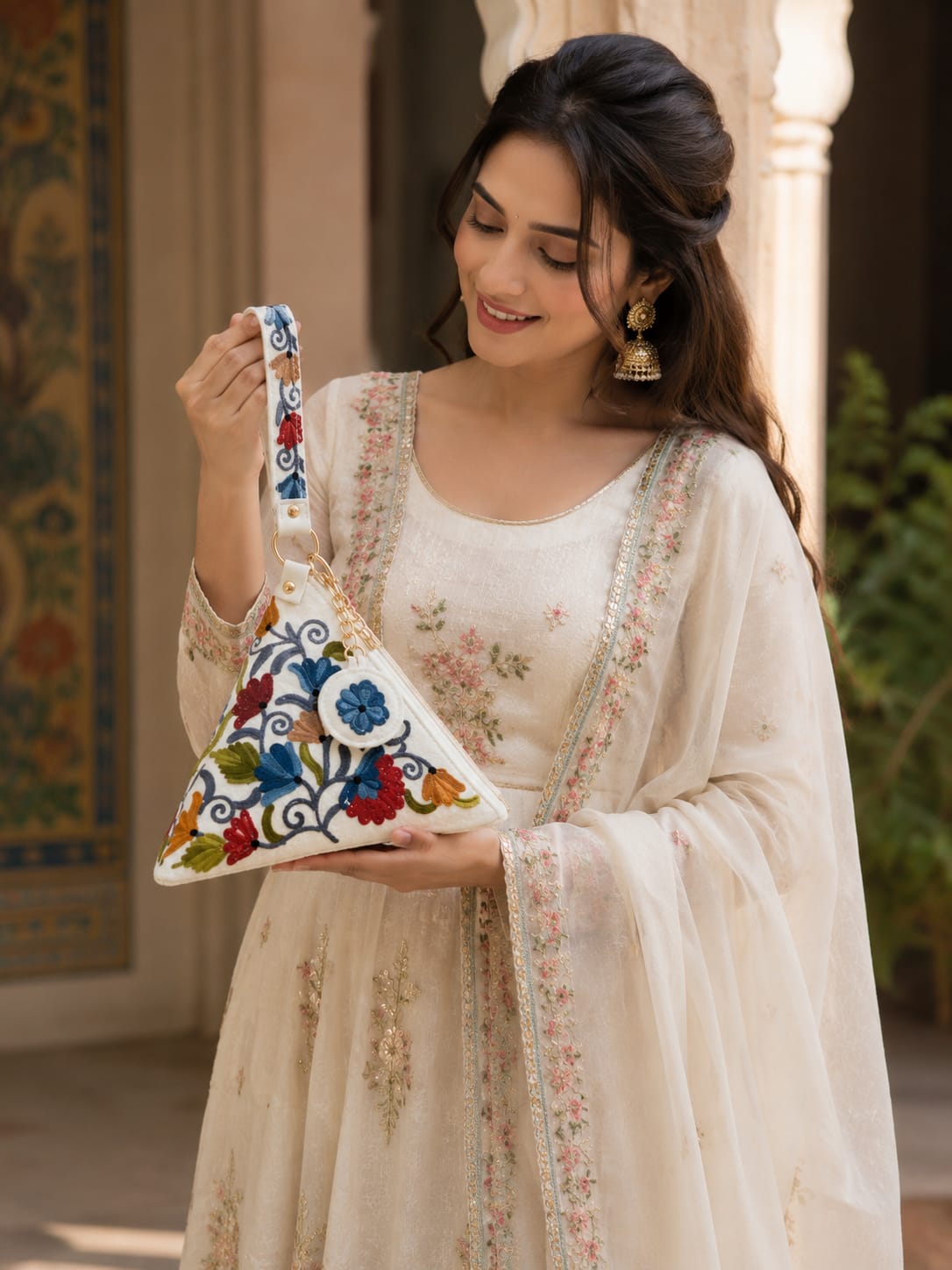 Signature Aari Triangle Potli Bag |Floral Embroidery |White