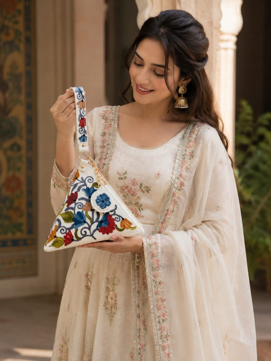 Signature Aari Triangle Potli Bag |Floral Embroidery |White