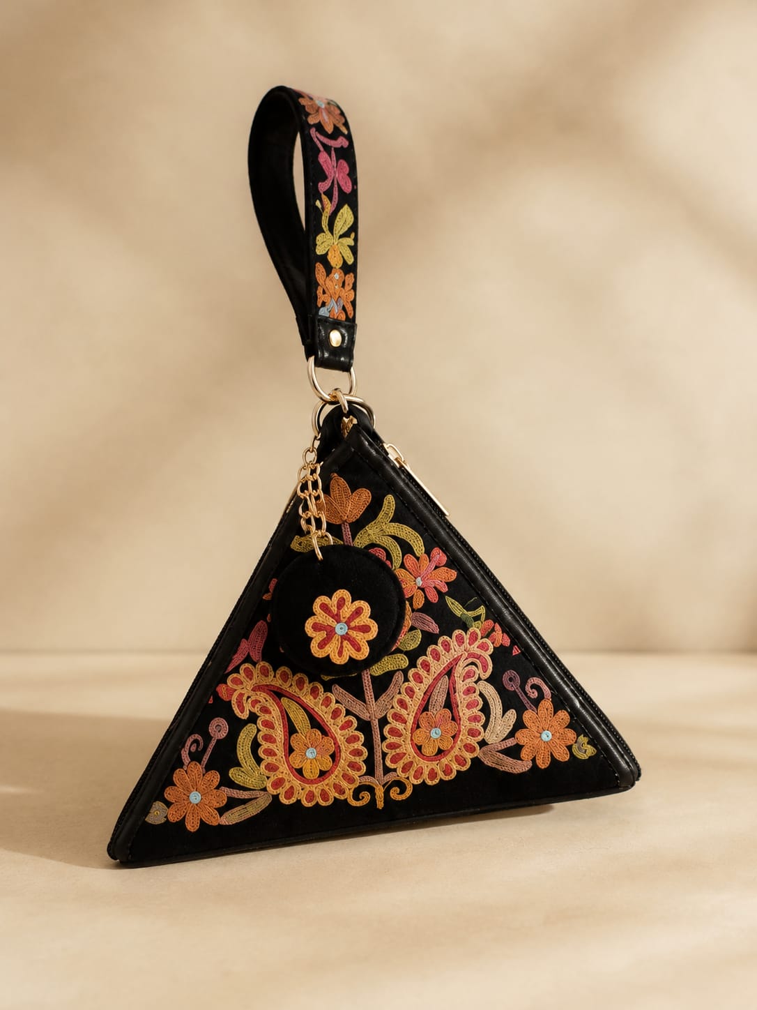 Signature Aari Triangle Potli Bag |Floral Embroidery |Black