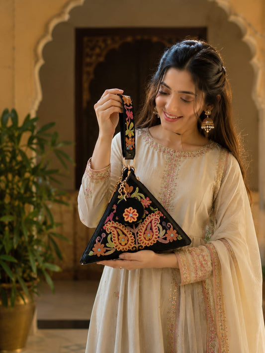 Signature Aari Triangle Potli Bag |Floral Embroidery |Black
