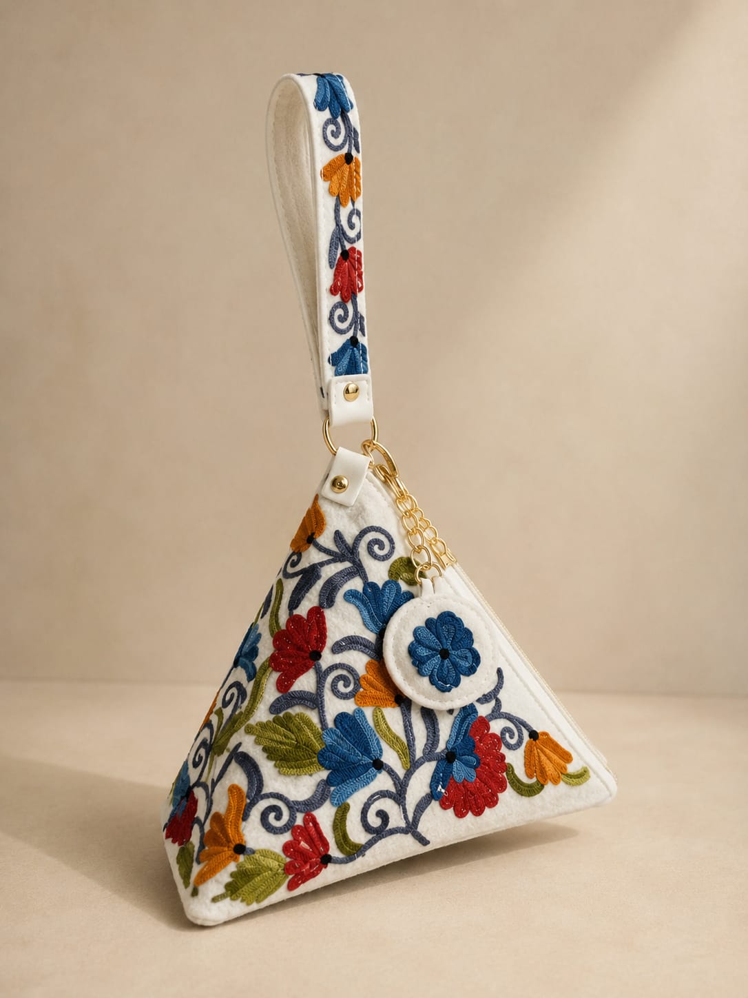 Signature Aari Triangle Potli Bag |Floral Embroidery |White