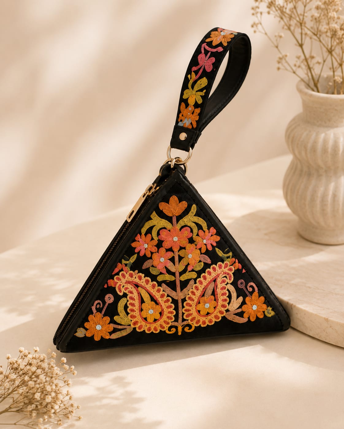Signature Aari Triangle Potli Bag |Floral Embroidery |Black