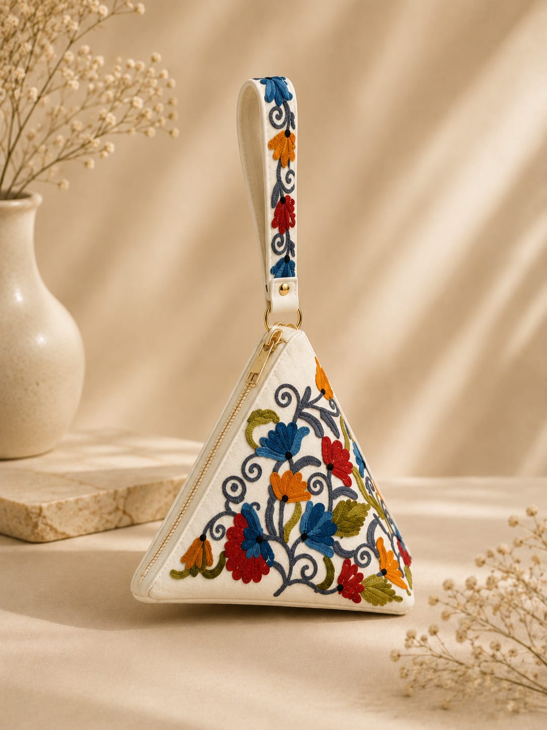 Signature Aari Triangle Potli Bag |Floral Embroidery |White