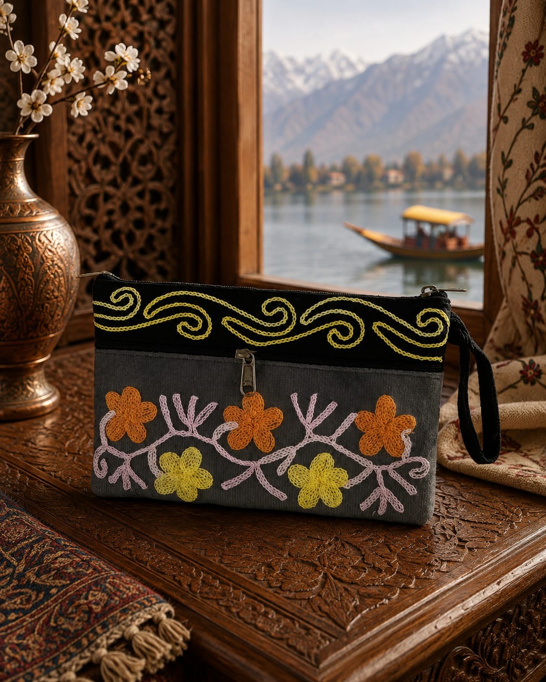 Elegant Velvet Kashmiri Embroidered Utility Pouch / Wristlet | Grey  & Charcoal Shades