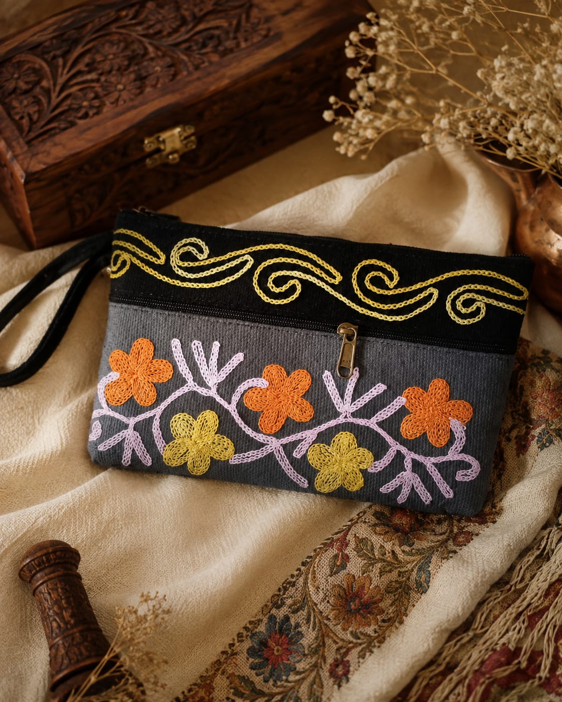 Elegant Velvet Kashmiri Embroidered Utility Pouch / Wristlet | Grey  & Charcoal Shades