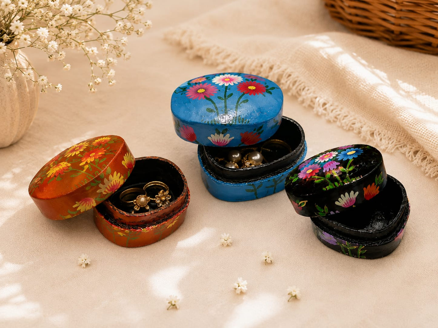 Kashmir Paper Mache Trinket Box | Handmade | 2 Inch | Set of 3