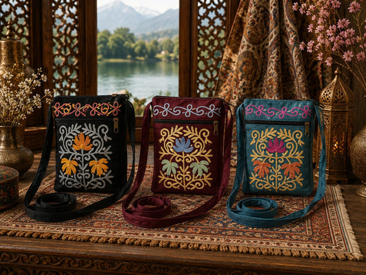 Kashmiri Embroidered Sling Bag | Set of 3 | Royal Black, Emerald, Maroon