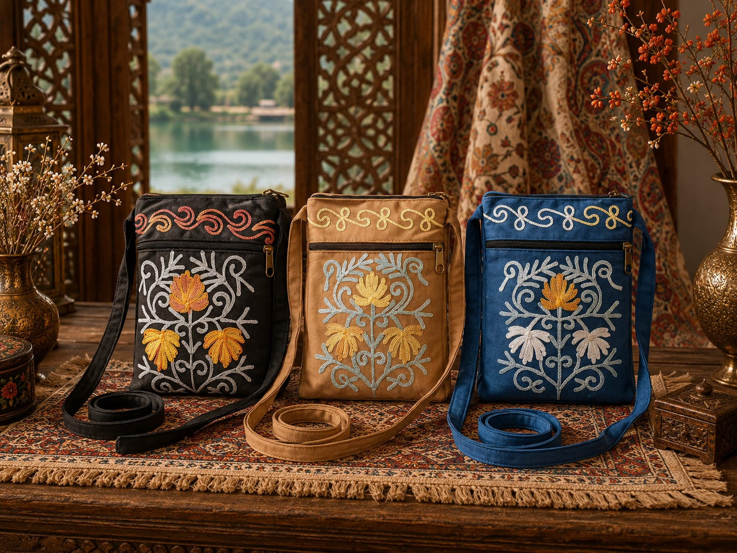 Kashmiri Embroidered Sling Bag | Set of 3 | Royal Black, Biscuit, Midnight Blue