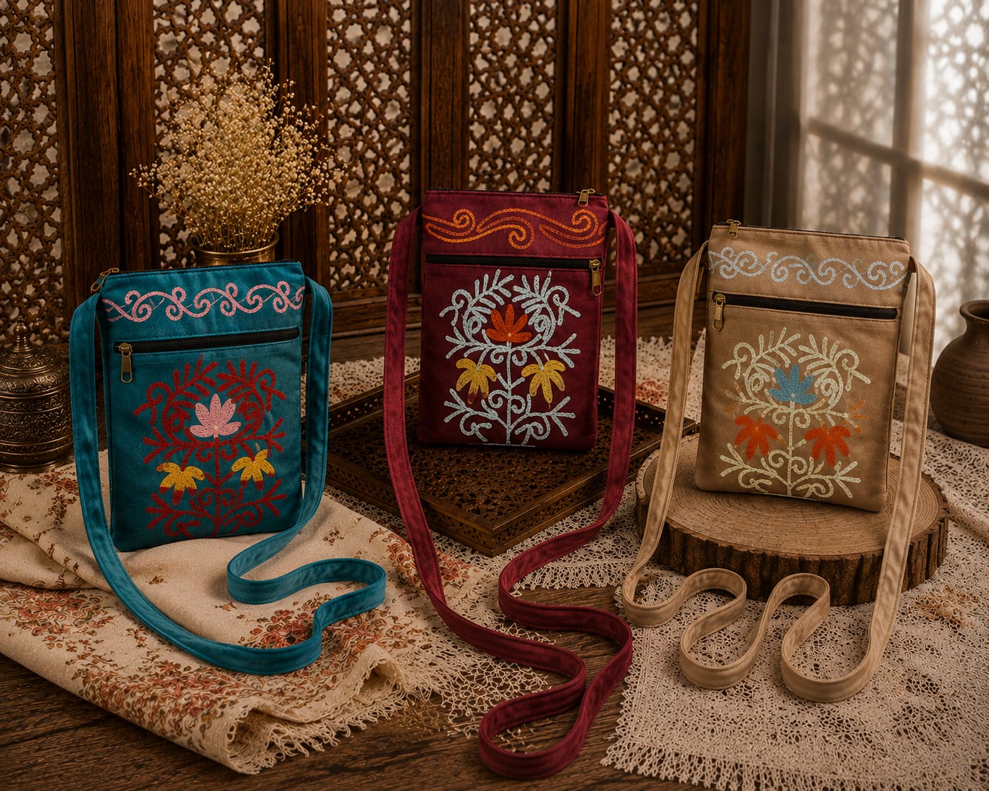 Kashmiri Embroidered Sling Bag | Set of 3 | Biscuit, Teal, Maroon