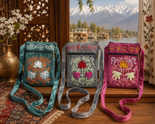 Kashmiri Embroidered Sling Bag | Set of 3 | Steel Grey, Emerald, Wine