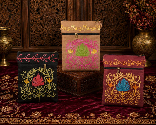 Aari Embroidered Kashmiri Utility Sling Bag | Set of 3 | Royal Black, Camel, Maroon