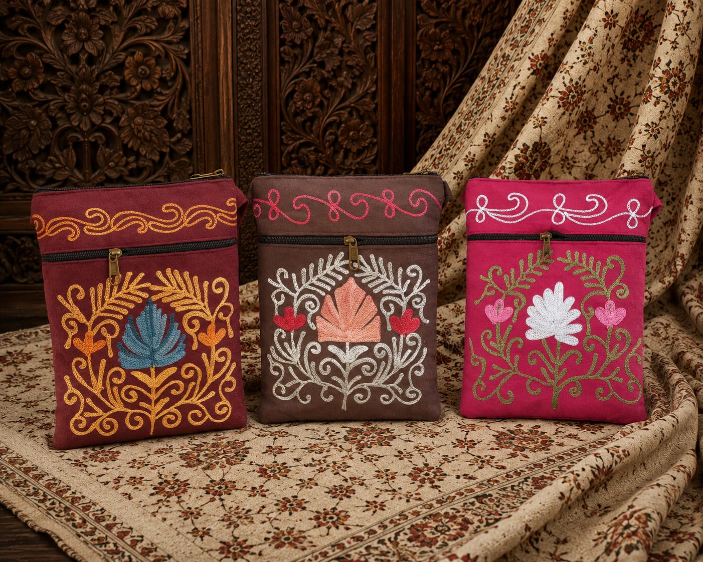 Aari Embroidered Kashmiri Utility Sling Bag | Set of 3 | Maroon, Dark Chocolate, Raspberry Pink