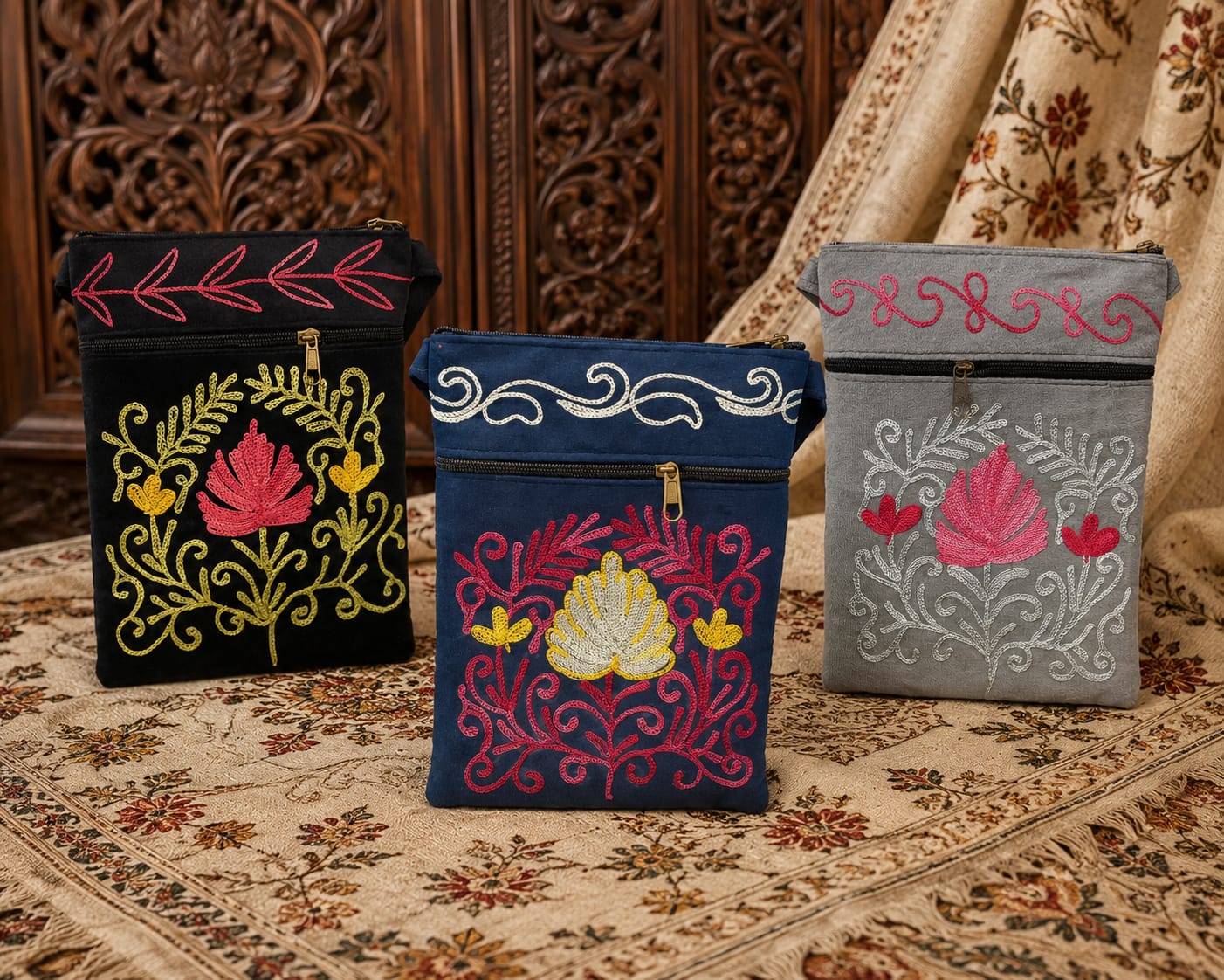 Aari Embroidered Kashmiri Utility Sling Bag | Set of 3 | Black, Royal Blue, Grey