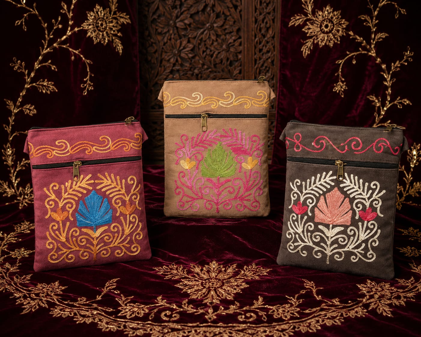 Aari Embroidered Kashmiri Utility Sling Bag | Set of 3 | Pink, Biscuit, Deep Chocolate