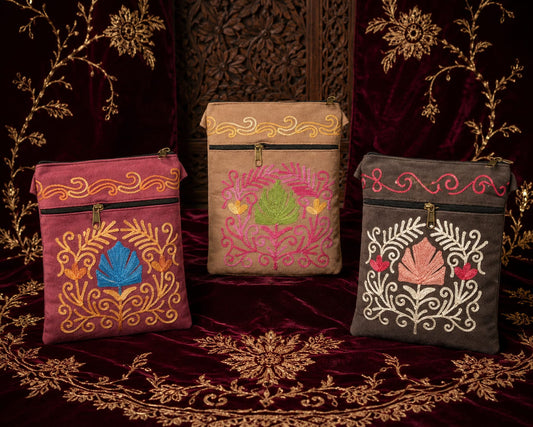 Aari Embroidered Kashmiri Utility Sling Bag | Set of 3 | Pink, Biscuit, Deep Chocolate
