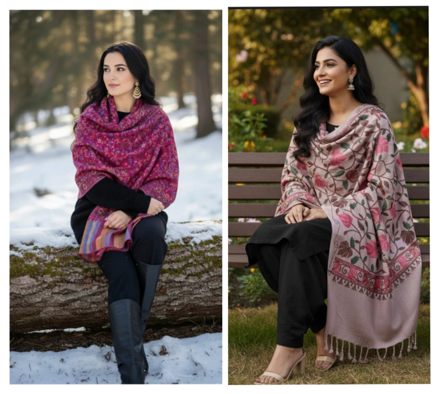 Rani Pink Tussar Silk Stole & Khaki Floral Cashmilon Shawl – Elegant Combo