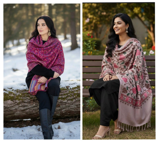 Rani Pink Tussar Silk Stole & Khaki Floral Cashmilon Shawl – Elegant Combo